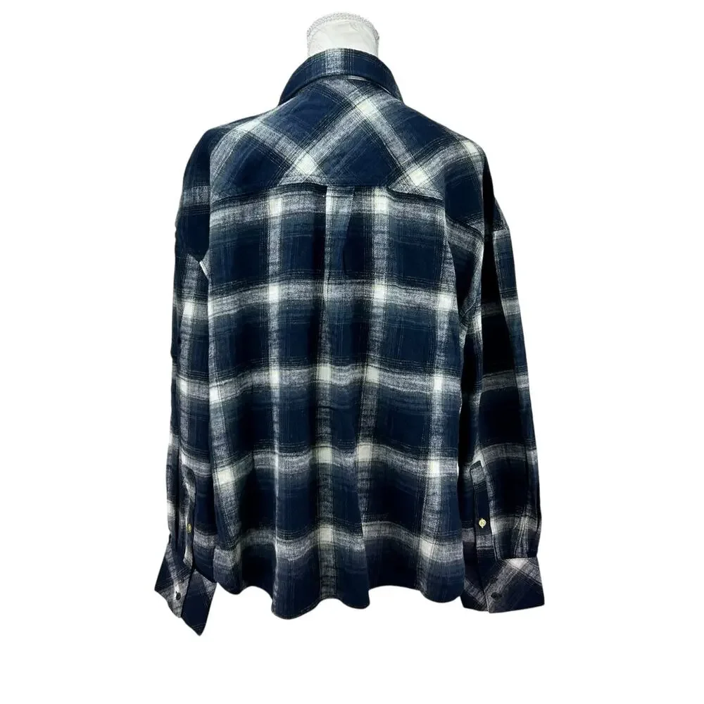 Scotch Soda Blue Plaid Cropped Flannel Top Women Sz XL Tomboy Femm Mountain Town - Picture 2 of 16